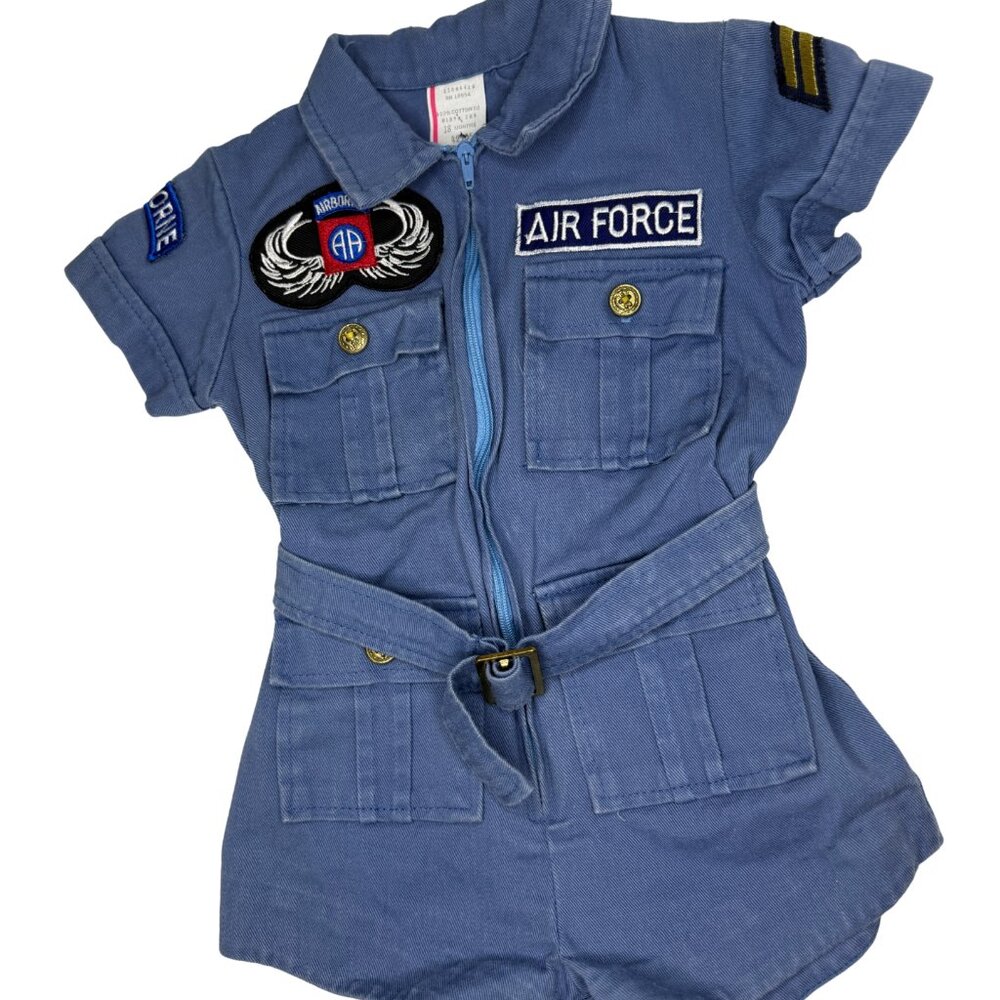 Toddler Girls Denim Romper, Size 18 mths, Air Force Theme, 4 pockets, Belt